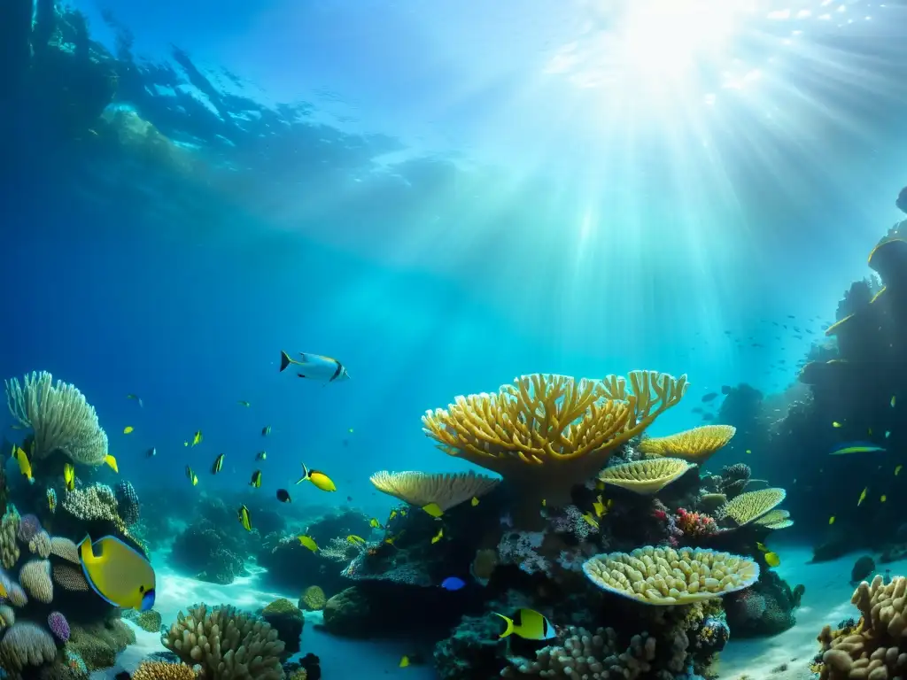 Una asombrosa fotografía submarina que captura un vibrante arrecife de coral repleto de peces y vida marina