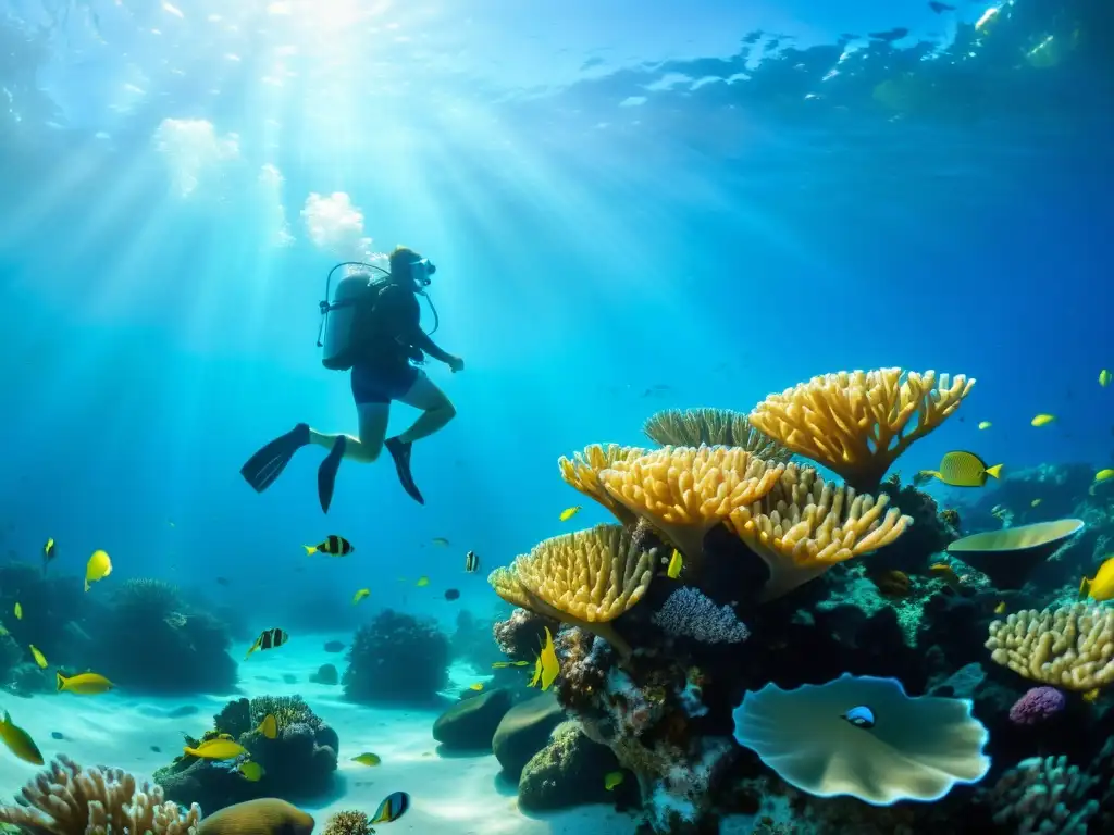 Una asombrosa fotografía submarina que muestra vida marina diversa y colorida, con peces y plantas marinas, bajo aguas cristalinas