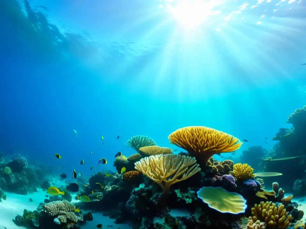 Explora la asombrosa vida marina en un arrecife de coral, mostrando la belleza y fragilidad de la biodiversidad marina en riesgo por la acidificación oceánica debido al cambio climático