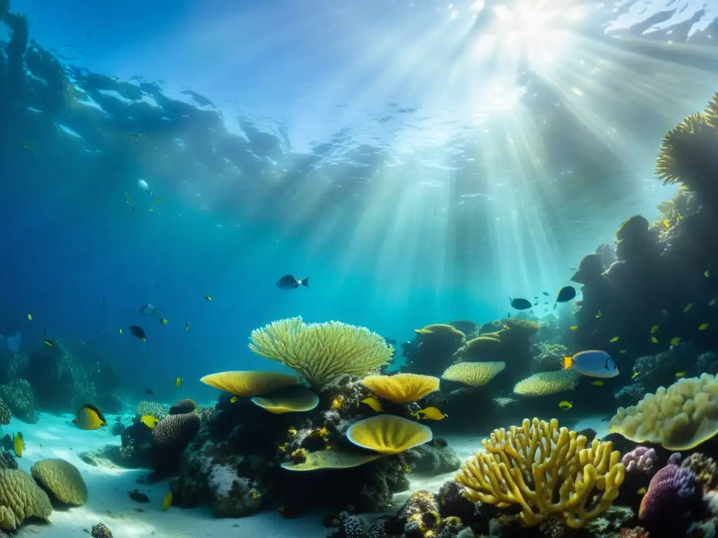 Una asombrosa vida marina en un arrecife de coral, con un diverso cardumen de peces