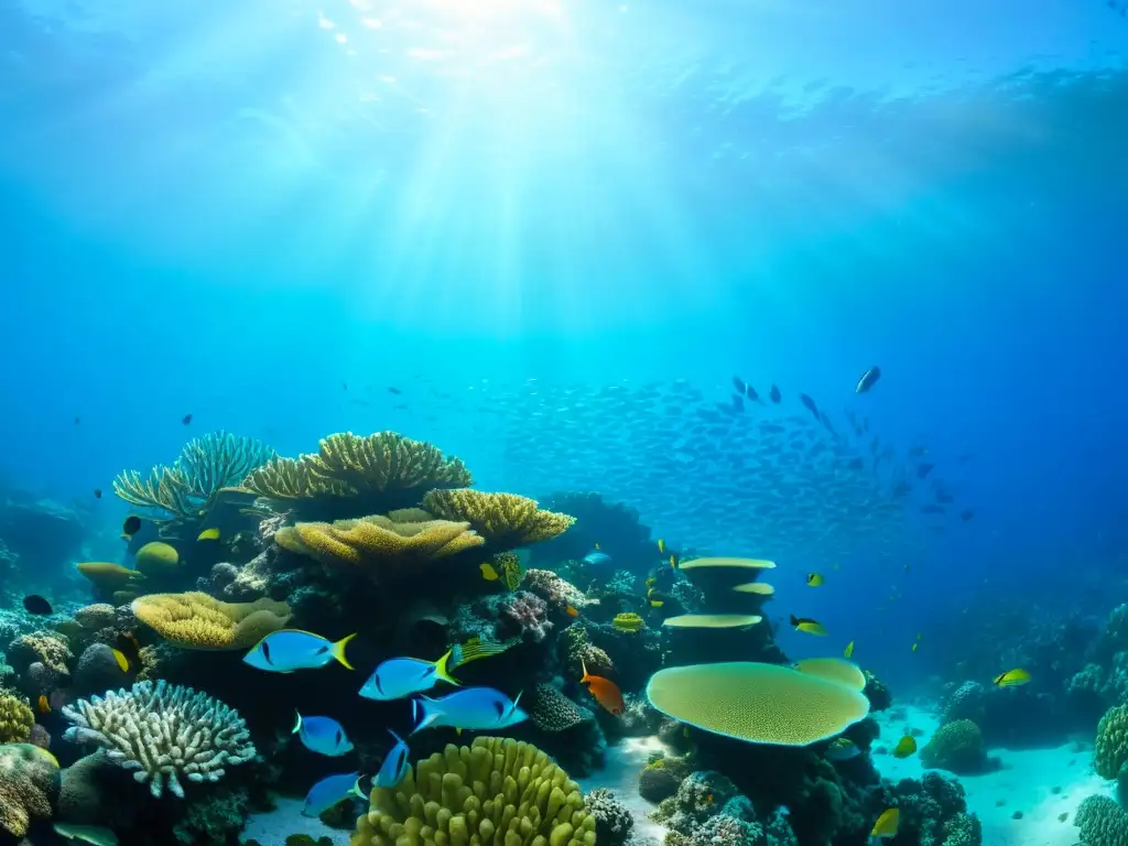 Una asombrosa vida marina en un vibrante arrecife de coral, con peces de colores y una majestuosa tortuga marina