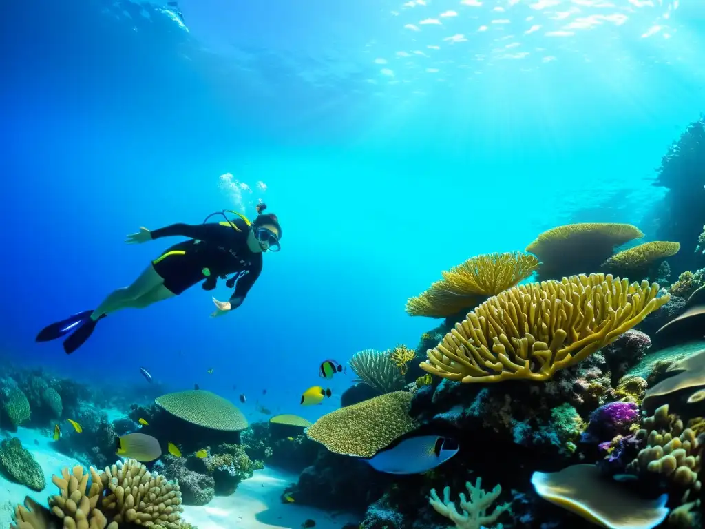 Una asombrosa vista del buceo profundo en vida marina, con un vibrante arrecife de coral repleto de vida marina en aguas cristalinas