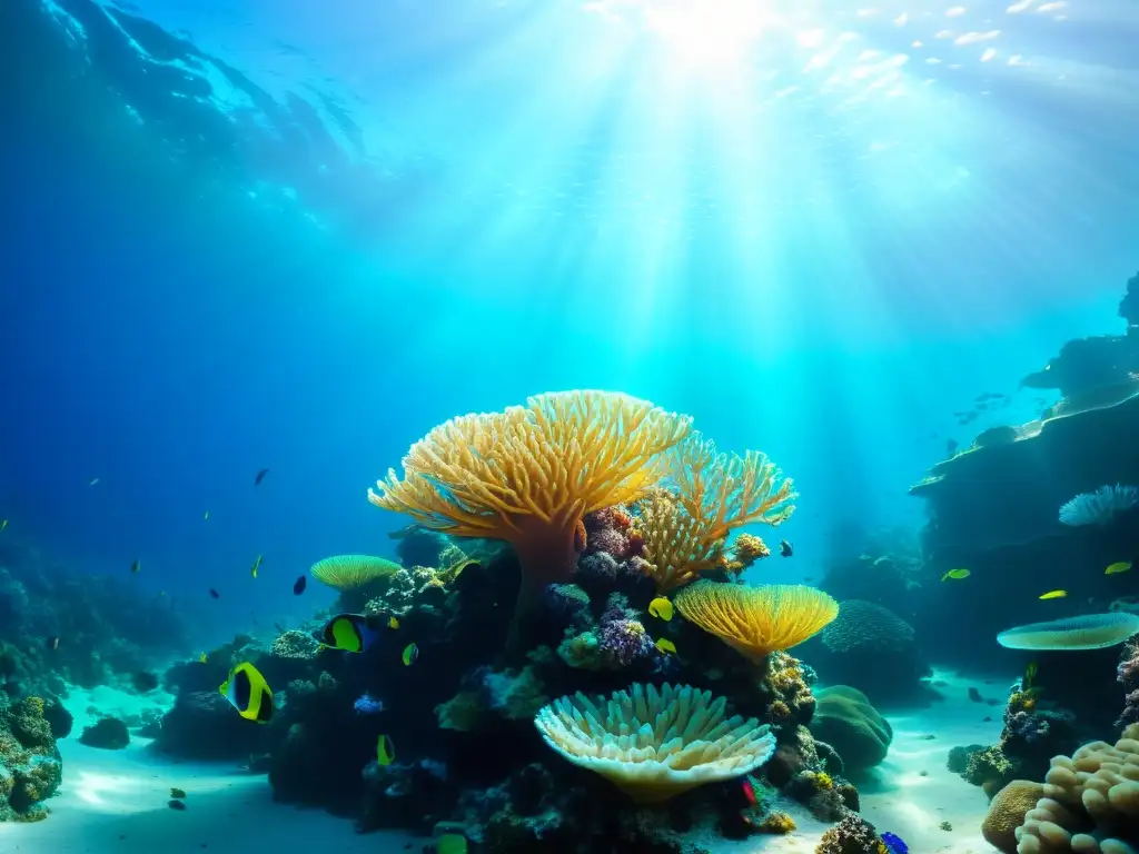 Un asombroso arrecife de coral iluminado por la luz del sol, repleto de vida marina