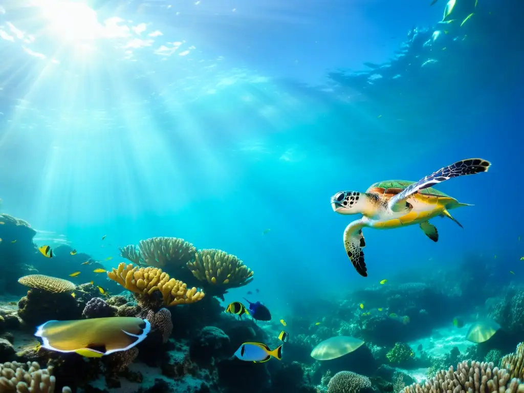 Exploración oceánica: asombroso arrecife de coral lleno de vida marina en aguas cristalinas, con peces tropicales y una majestuosa tortuga marina