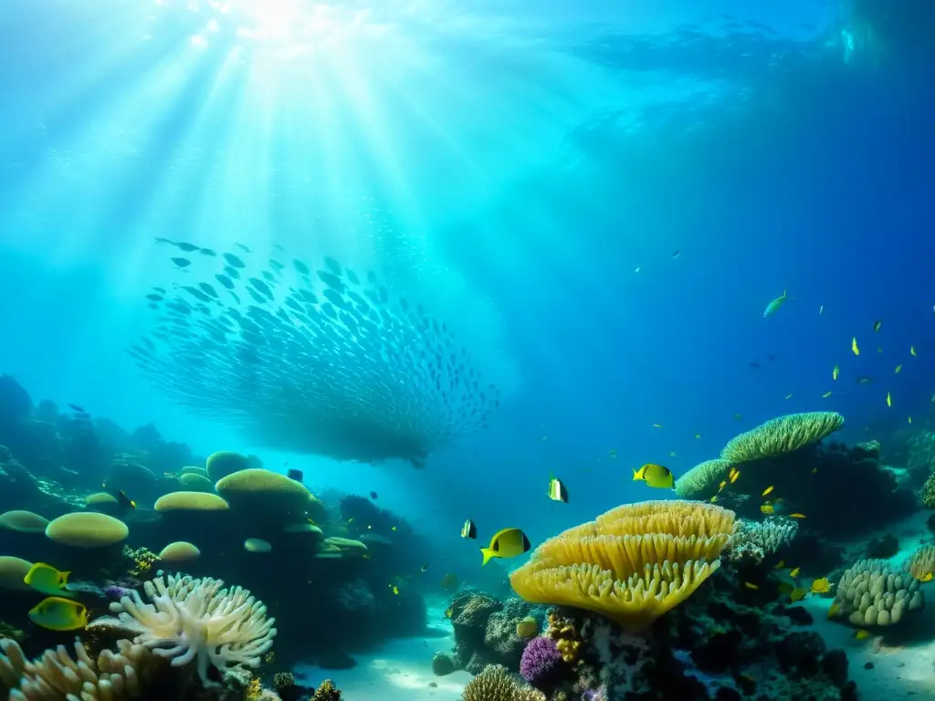 Un asombroso arrecife de coral con vida marina vibrante, peces coloridos y anémonas de mar