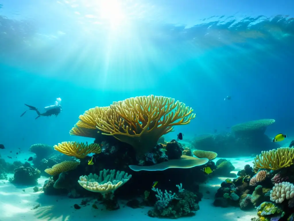 Un asombroso arrecife de coral rebosante de vida marina en aguas turquesa, transmite belleza y diversidad