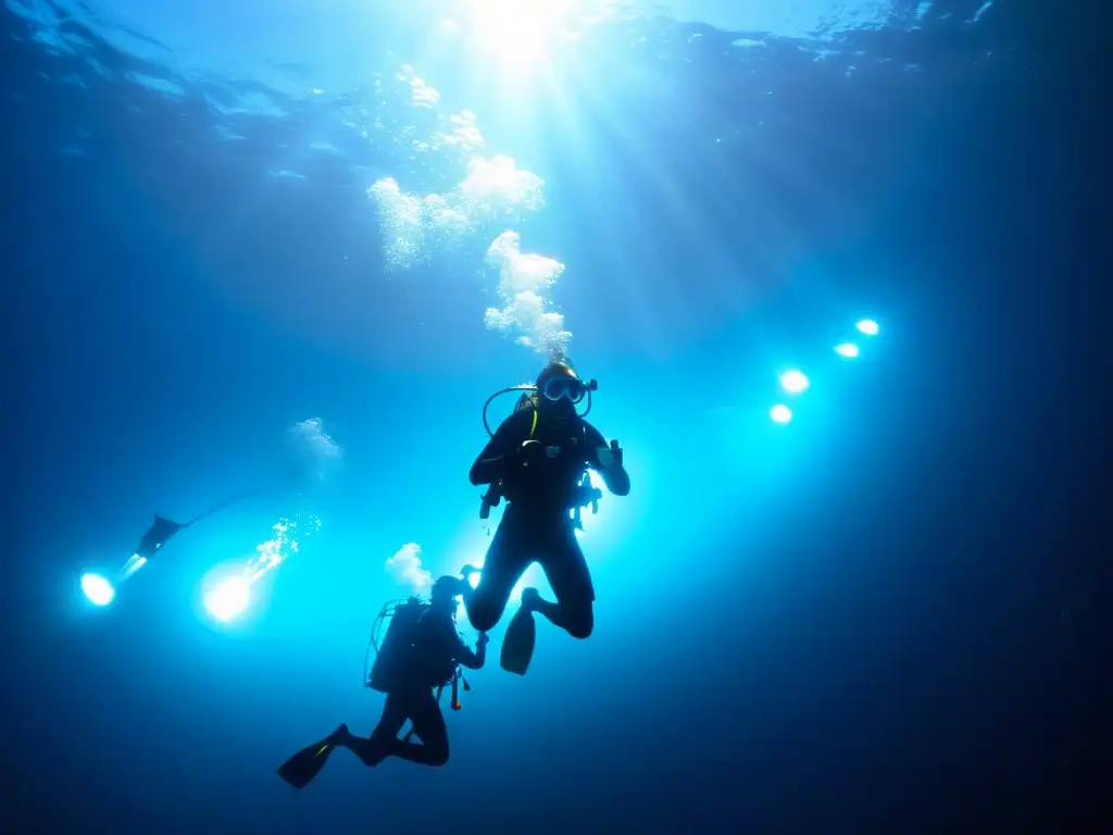 Un asombroso buceo nocturno iluminado por linternas, revelando la belleza del océano