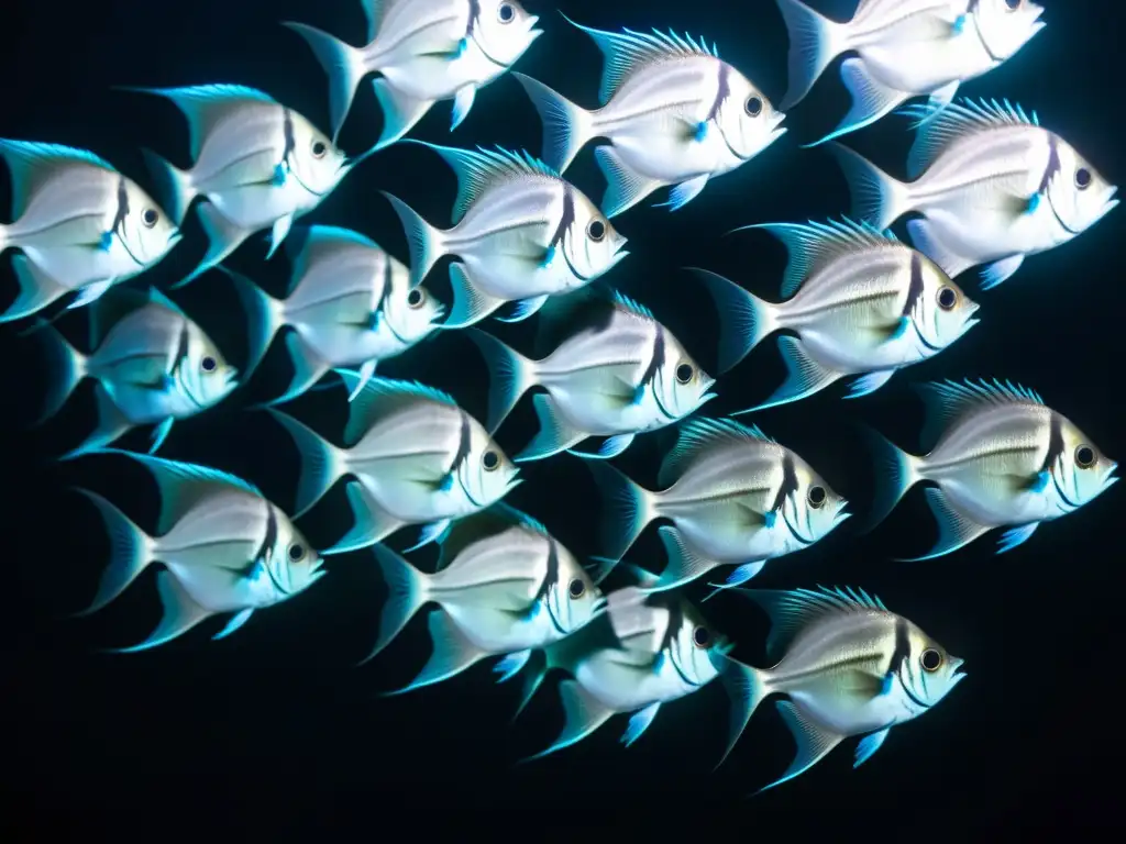 Un asombroso cardumen de peces hacha de aguas profundas en la oscuridad del abismo marino, iluminando el agua con un resplandor azul