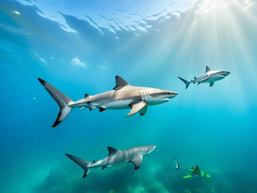 Un asombroso encuentro bajo el agua entre tiburones y otras especies marinas, mostrando la armonía y la diversidad del hábitat marino