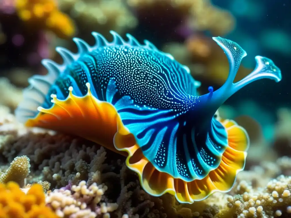 Un asombroso paisaje marino con una impactante babosa marina azul deslizándose sobre coloridos corales