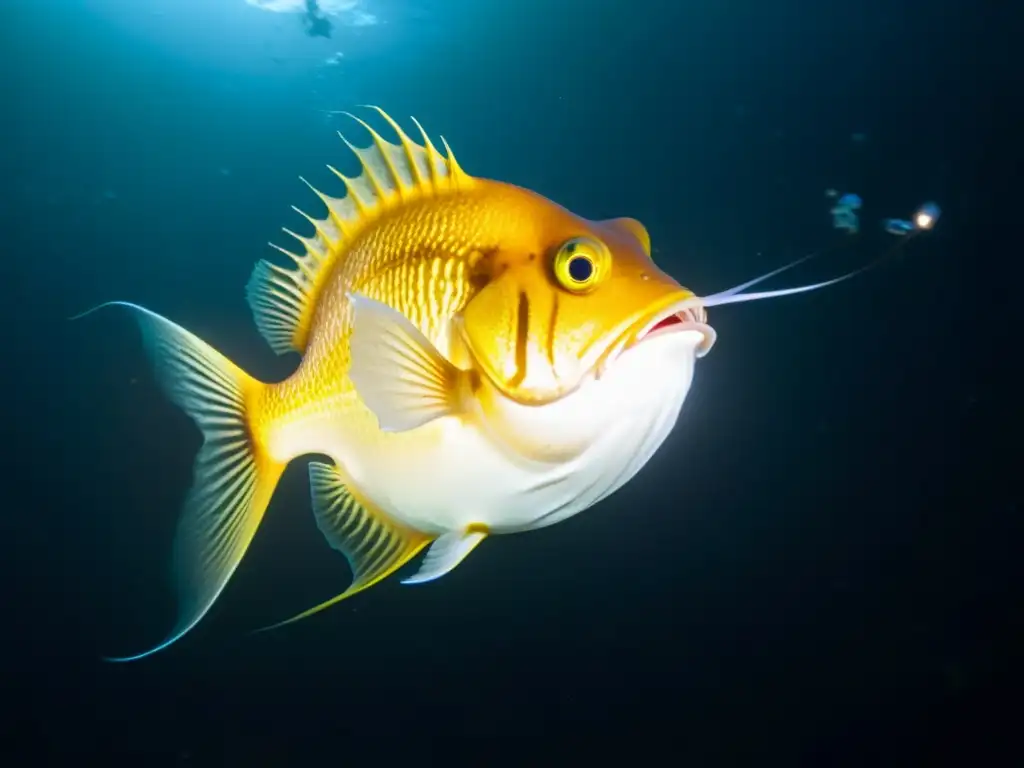 Un asombroso pez abisal con su señuelo bioluminiscente brillando en la oscuridad, capturando la enigmática dieta de los peces abisales