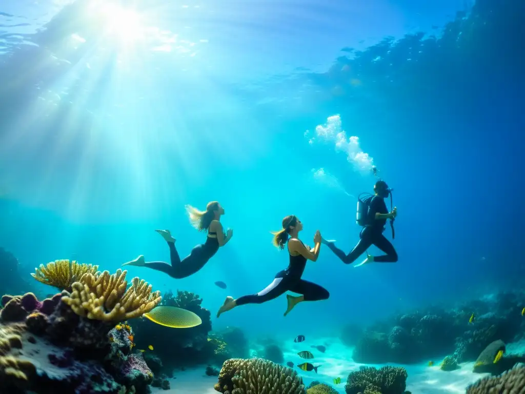 Un asombroso retiro de buceo y yoga marino: practicantes en armonía con la naturaleza submarina, rodeados de coloridos corales y vida marina