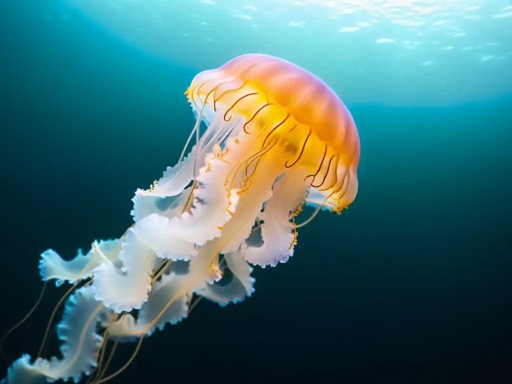 Un asombroso retrato de una medusa iridiscente flotando con gracia en las profundidades del océano