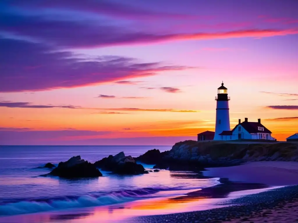 Un atardecer vibrante en la costa, con el cielo en tonos de naranja, rosa y morado