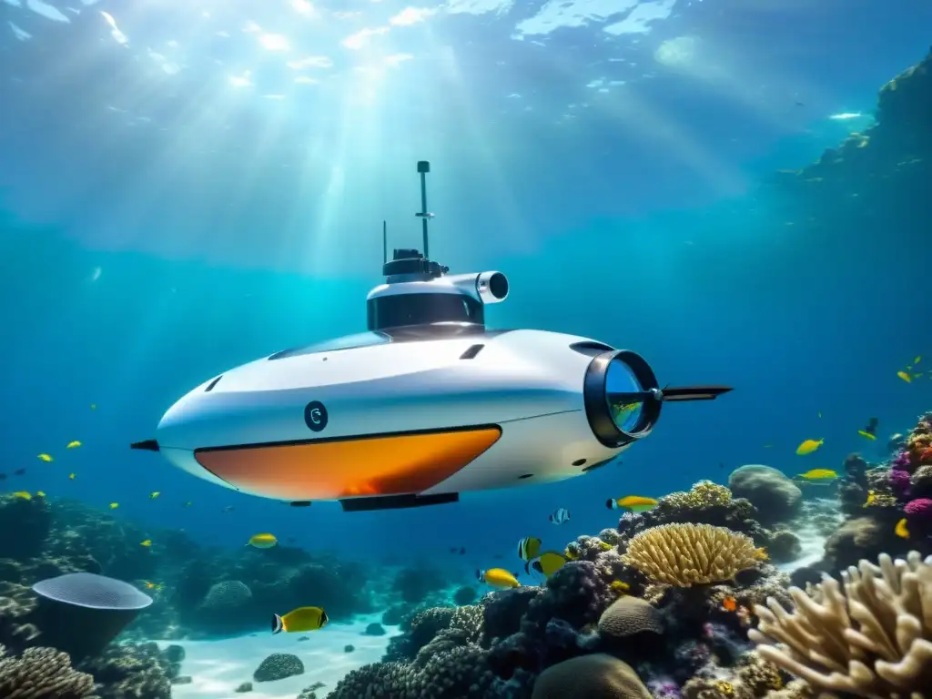 Exploración submarina automatizada: Robot submarino futurista surcando aguas cristalinas junto a la vida marina y científicos en nave de investigación