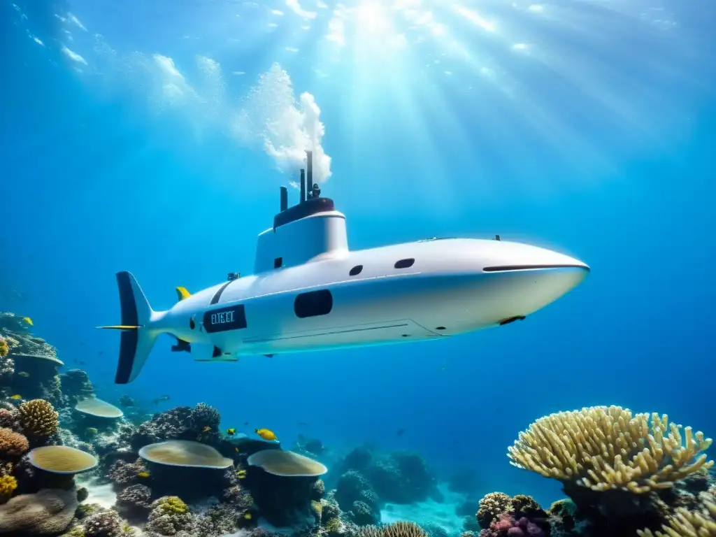 Exploración submarina automatizada: Submarino robótico surcando aguas cristalinas entre corales y vida marina, con tecnología avanzada