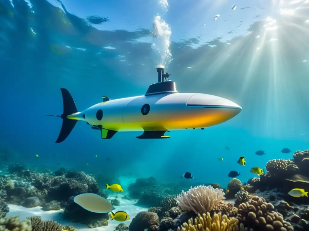 Un AUV futurista navega entre vida marina y tecnología avanzada en un océano cristalino