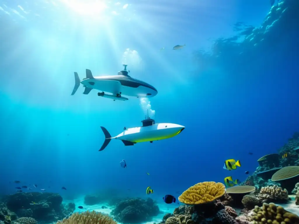 Avances en la autonomía submarina: Flota de vehículos submarinos autónomos navegando entre peces y corales en aguas cristalinas, evocando la maravilla de la exploración submarina moderna