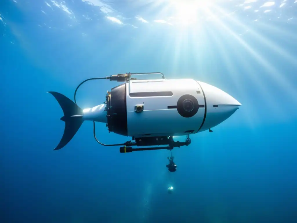 Avances en robótica submarina marina: un robot submarino de vanguardia navegando en aguas azules y cristalinas, capturando detalles del entorno marino