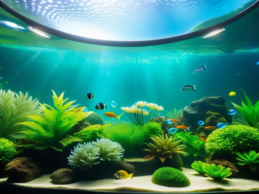 Avances en sistemas de aireación acuario: Burbujas de oxígeno flotan en un acuario con plantas verdes y peces coloridos en agua cristalina