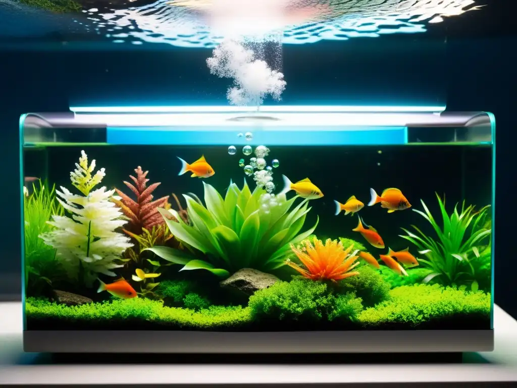 Avances en sistemas de aireación acuario: Difusor de aire moderno libera burbujas en acuario vibrante con plantas y peces coloridos