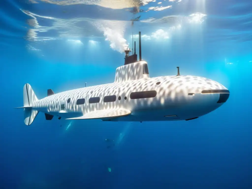 Avances en vehículos autónomos submarinos: Submarino autónomo deslizándose elegantemente bajo el agua cristalina, iluminado por el sol