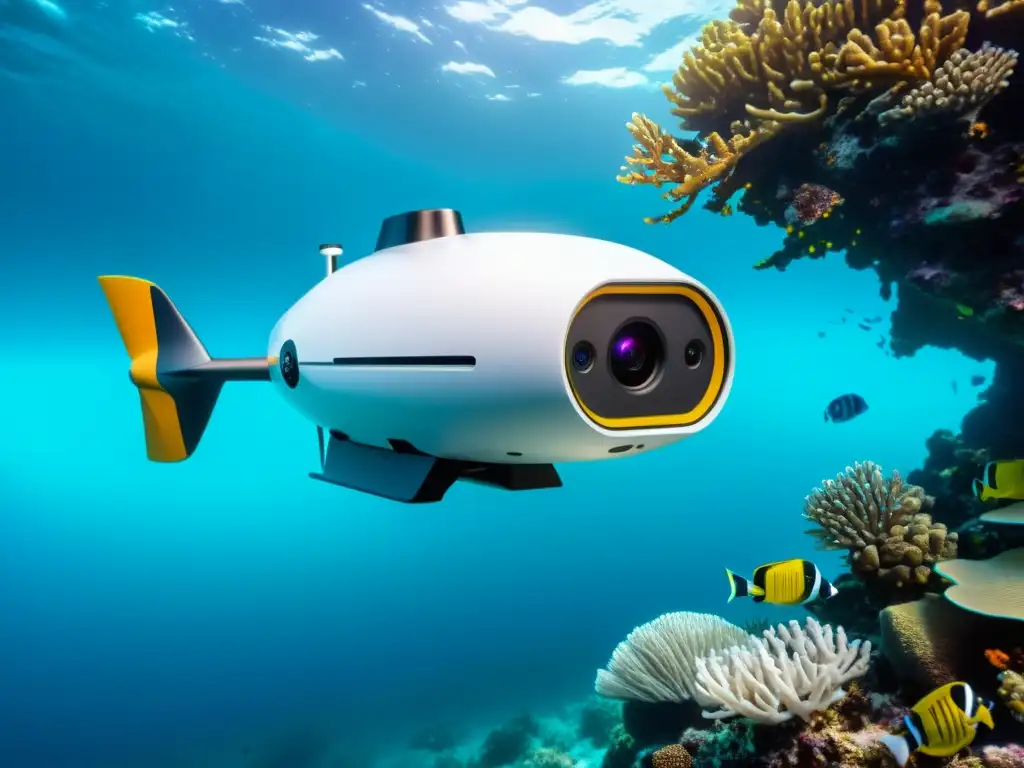 Avanzada tecnología emergente para la conservación de la vida marina en un drone submarino rodeado de arrecifes de coral y coloridos peces