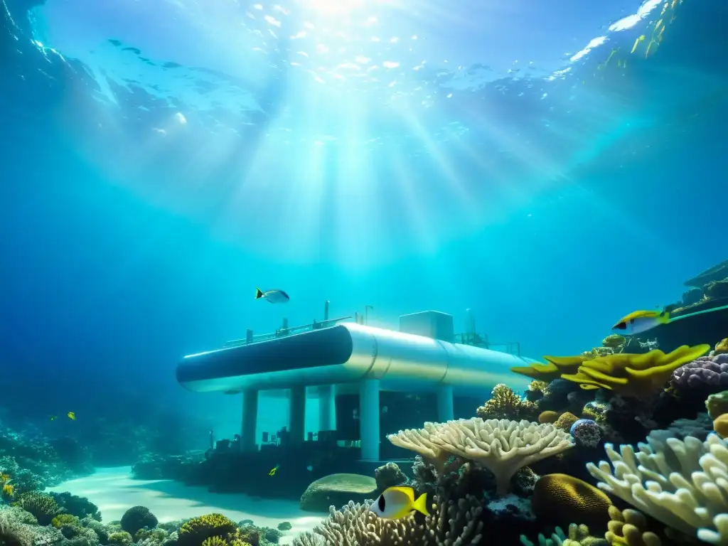 Avanzada tecnología de desalinización oceánica integrada en arrecifes de coral, reflejando la coexistencia armoniosa entre innovación y vida marina