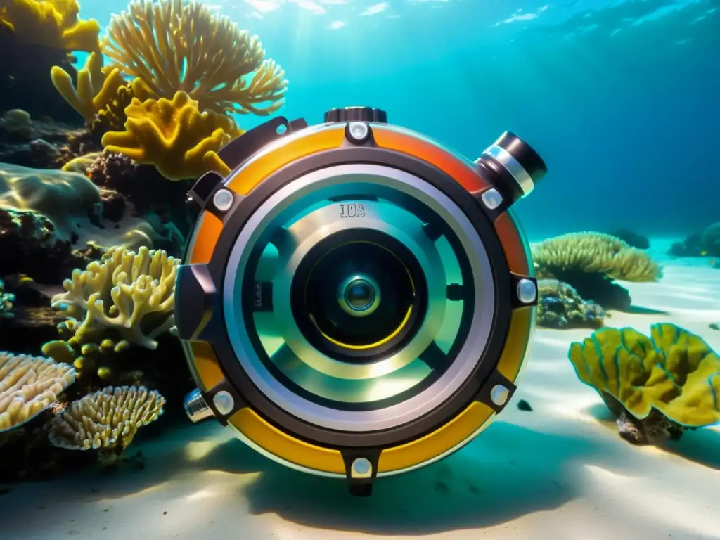Regulador de buceo de vanguardia en un arrecife de coral Avanzado regulador de buceo en aguas cristalinas, rodeado de vibrante coral y luz solar, destaca mejoras reguladores buceo inmersiones