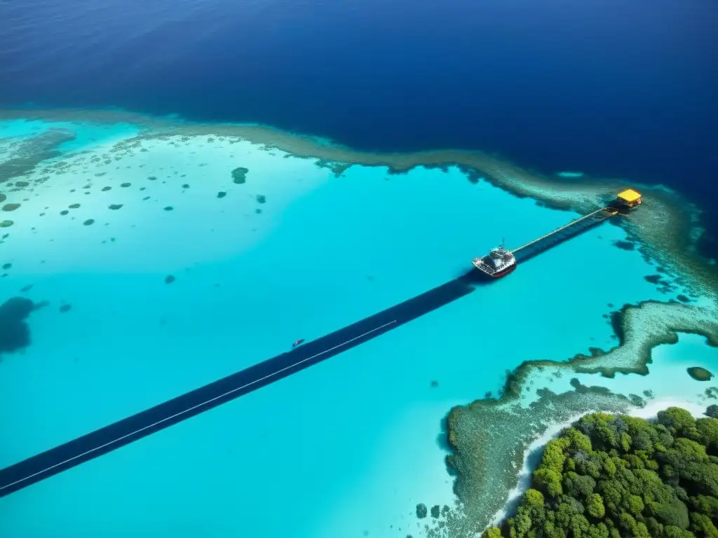 Avanzado sistema submarino para detectar y prevenir derrames de petróleo, integrado en el paisaje marino con vida vibrante y coral colorido