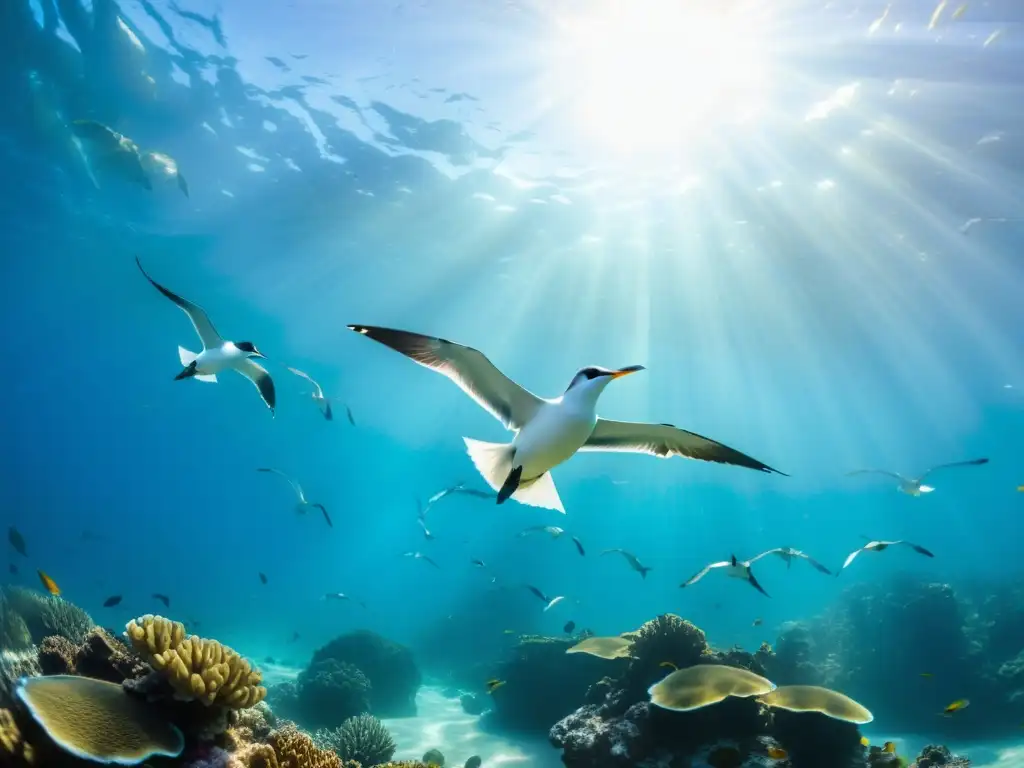 Aves marinas y costeras guía: Colorido grupo de aves surcando aguas cristalinas cerca de un arrecife de coral vibrante