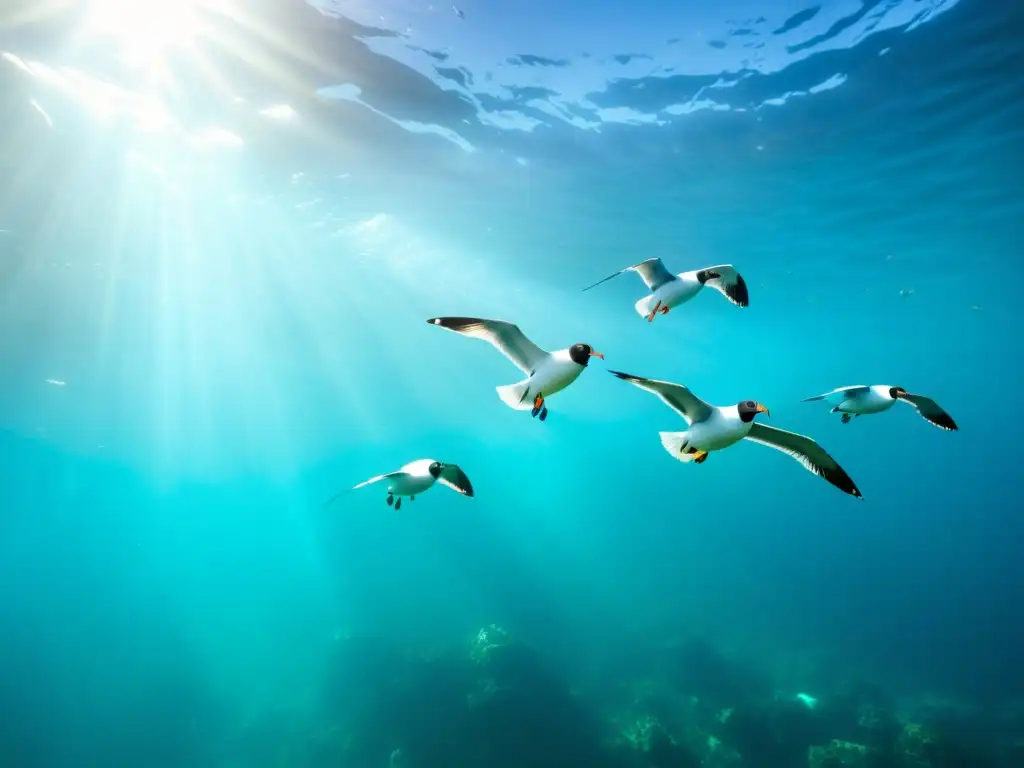 Aves marinas y costeras guía: Grupo diverso de aves marinas sobrevolando aguas cristalinas, creando un espectáculo de color y movimiento