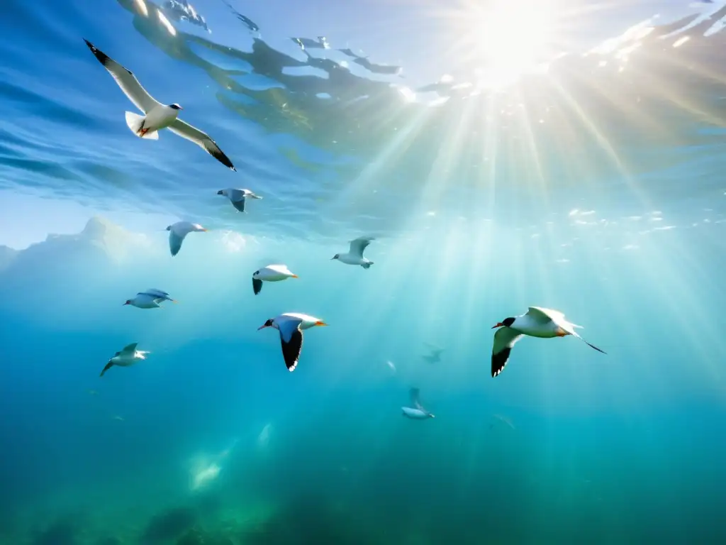 Guía de aves marinas y costeras en su hábitat natural, con plumajes vibrantes y detallados, sobrevolando aguas azules