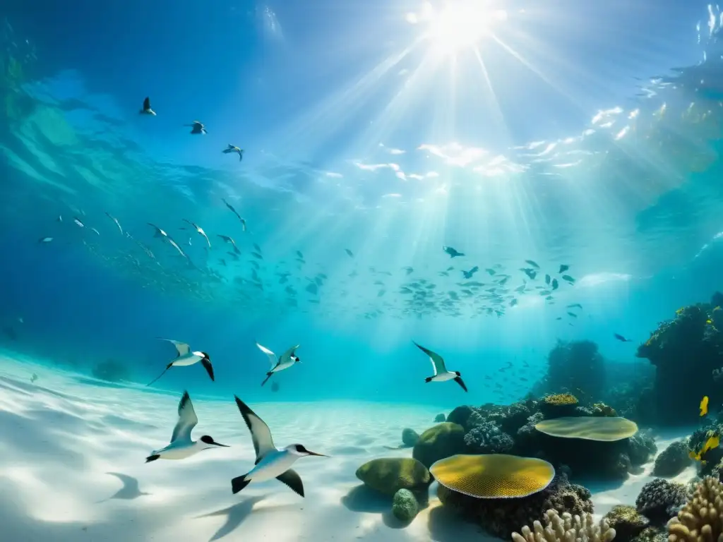 Aves marinas disfrutando del ecosistema oceánico, buceando en aguas cristalinas junto a peces y corales coloridos