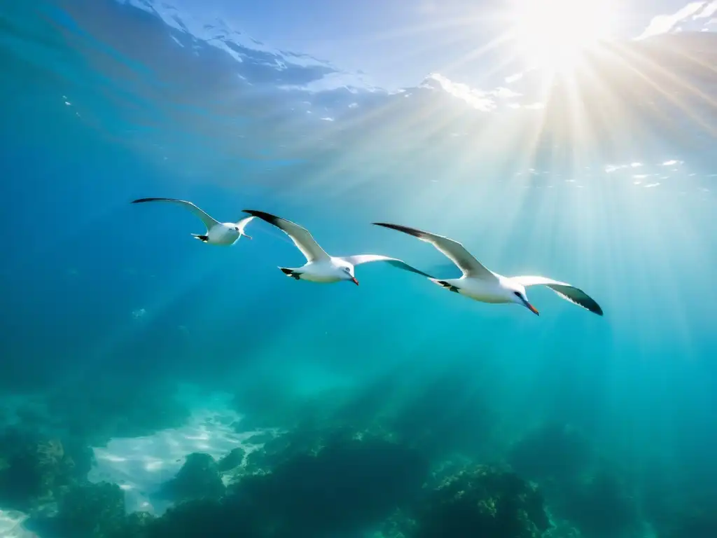 Aves marinas en peligro de extinción surcando aguas cristalinas, creando un baile de luz y color entre arrecifes de coral vibrantes