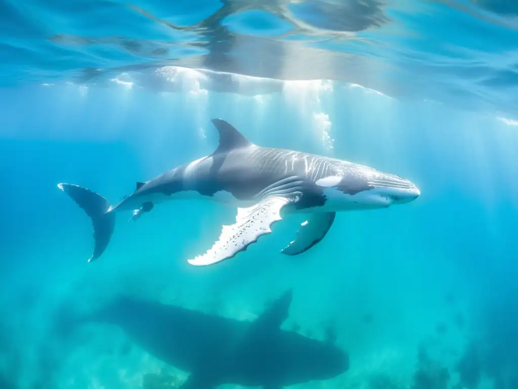 Manadas de ballenas jorobadas en aguas turquesas Avistamiento participativo de majestuosas ballenas jorobadas surcando aguas turquesas cristalinas, creando un ambiente de asombro y tranquilidad en la ciencia marina