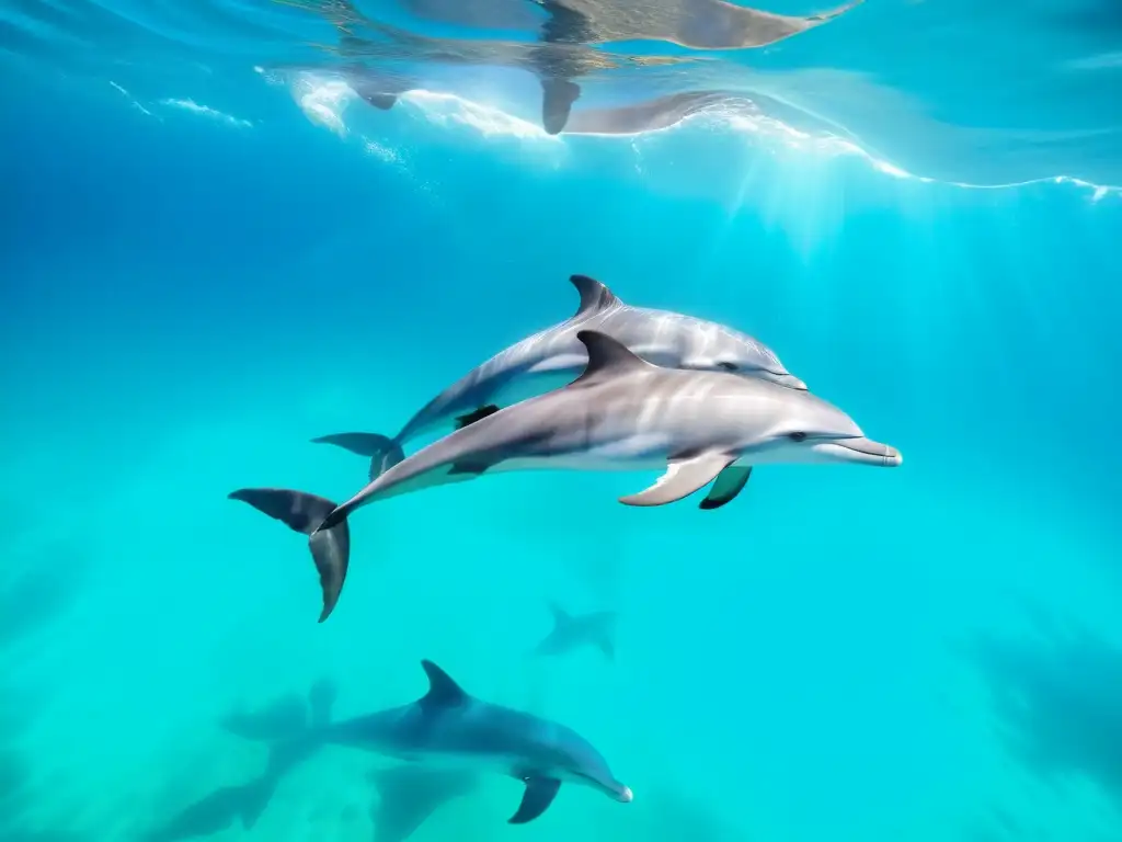 Manada de delfines en aguas cristalinas: belleza en 8k Avistamiento participativo de mamíferos marinos en aguas cristalinas con delfines gráciles y colorido coral