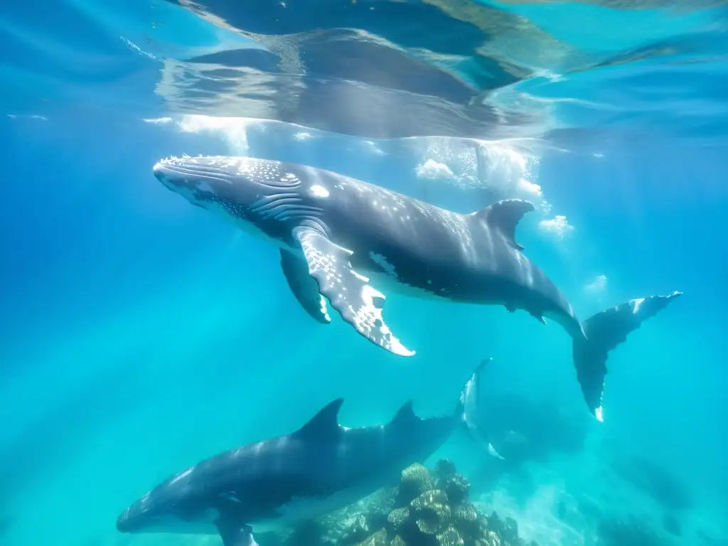 Avistamiento responsable de cetáceos marinos: Majestuosas ballenas jorobadas nadando grácilmente en aguas turquesas, iluminadas por el sol