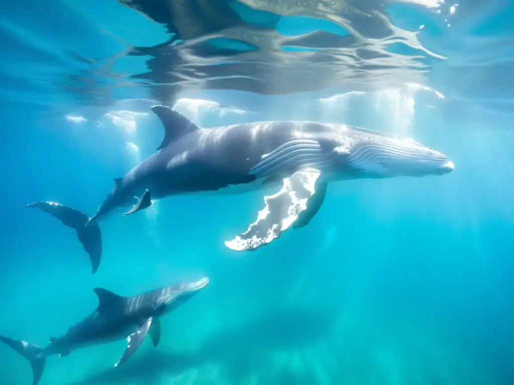 Avistamiento responsable de cetáceos marinos: majestuosas ballenas jorobadas nadando en armonía bajo el agua cristalina, capturando su gracia y poder