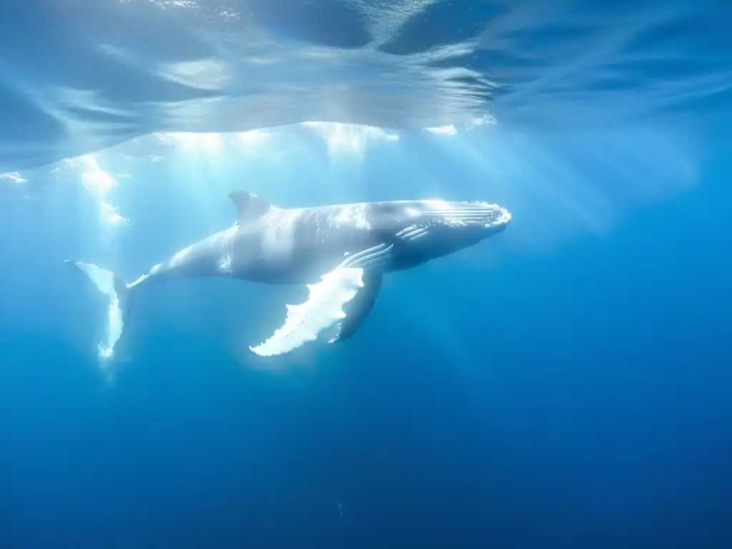 Avistamiento responsable de cetáceos marinos: Majestuosa ballena jorobada surcando aguas cristalinas con su aleta en alto, mientras peces brillantes dan vida a la escena submarina