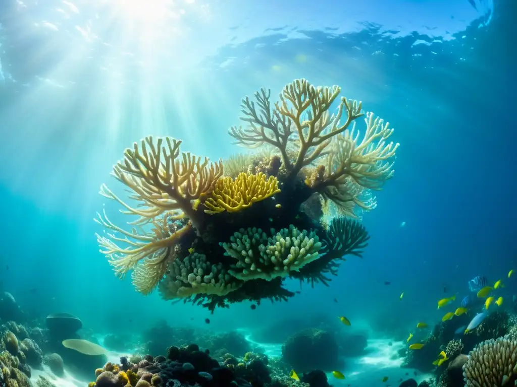 Bacterias marinas depuradoras del océano trabajando en un vibrante arrecife de coral, creando un equilibrio vital en el ecosistema marino