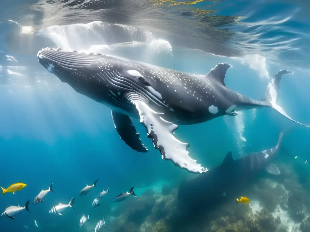 Una ballena jorobada se desliza graciosamente en aguas cristalinas, rodeada de peces coloridos y elegantes aves marinas