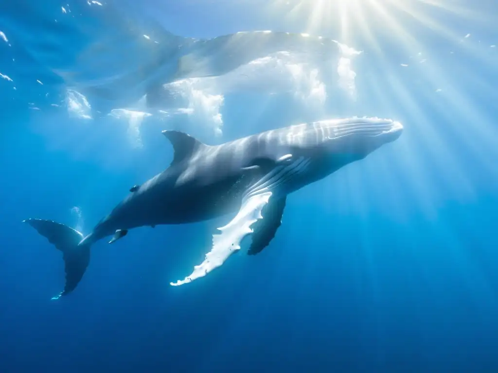 Una ballena jorobada nada majestuosamente en aguas cristalinas, rodeada de peces brillantes