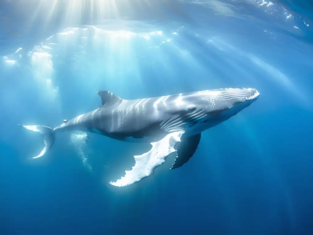 Una ballena jorobada nada con gracia entre peces brillantes en aguas cristalinas de Tonga, uno de los mejores destinos para bucear con ballenas