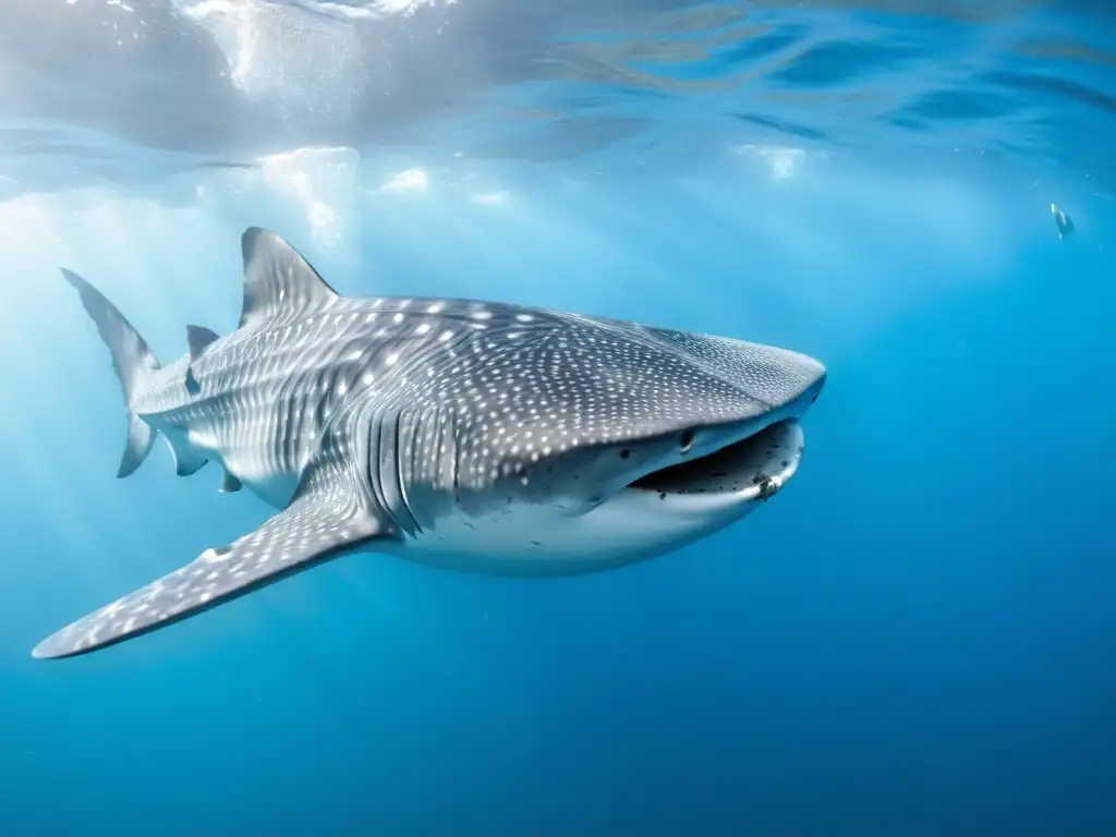 Un tiburón ballena majestuoso filtrando plancton en aguas cristalinas, con diversidad de vida marina y un grupo de admirados buceadores