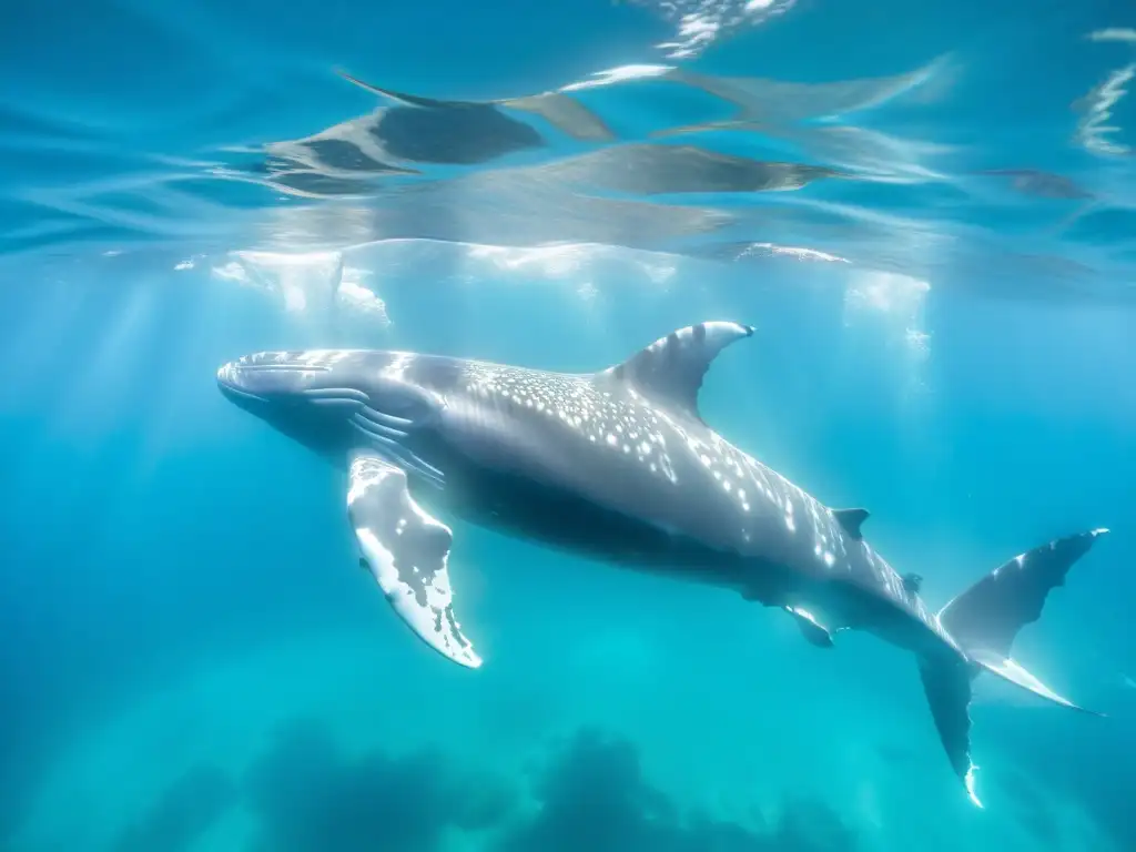 Pod de ballenas jorobadas nadando en aguas turquesas, mostrando la majestuosidad de estas especies de cetáceos