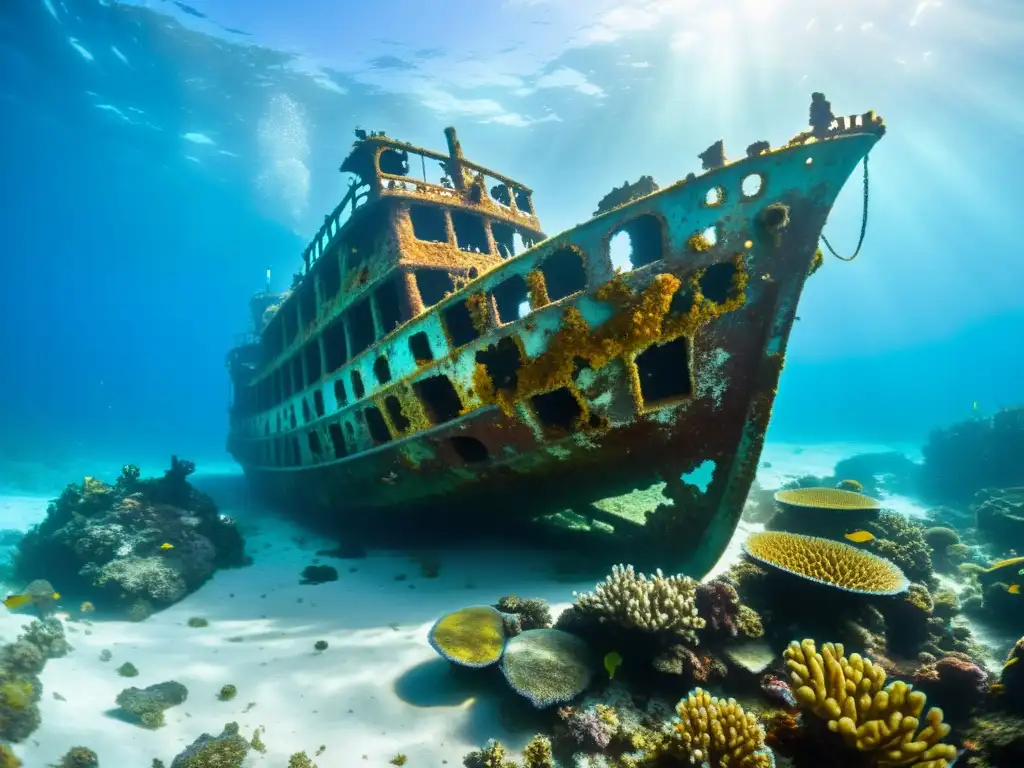 Un barco hundido en el fondo marino, rodeado de coral y vida marina, evocando historias de supervivencia en alta mar