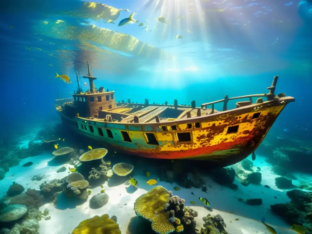 Un barco hundido reposa en el fondo marino, cubierto de coral y rodeado de peces