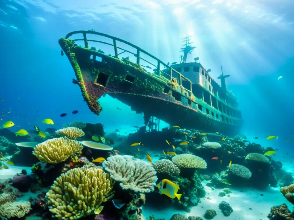 Exploración marina: un barco hundido rodeado de coral y peces tropicales, evocando la emoción de las novelas históricas aventuras marinas