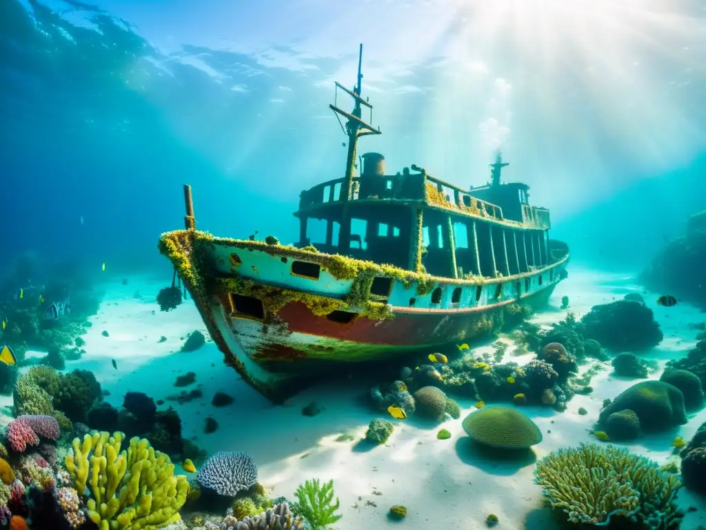 Un barco hundido rodeado de vida marina y arrecifes de coral, iluminado por la luz solar